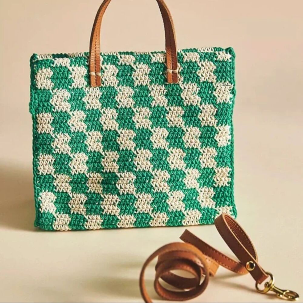Clare V. Petit Summer Simple tote bag green/cream crochet and leather straps